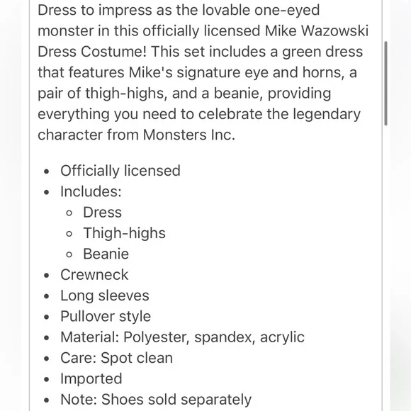 Disney Mike Wazowski Dress Costume - Monsters Inc Size Large - Picture 3 of 8